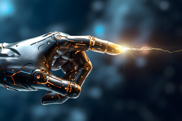 AI robot hand pointing the index finger, sparkling light coming out of the finger, artificial intelligence, machine learing, innovation technology concept. Generative AI