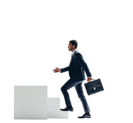 Business man in a suit going up his career ladder on a transparent background