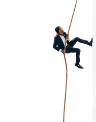 Persistent businessman climbing up a rope on a transparent background - obrazy, fototapety, plakaty