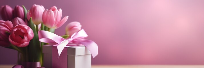 Beautiful floral background with fresh spring tulip flowers and copy space. Panoramic banner or header. Selective focus bokeh effect. Generated with AI.