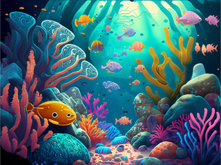 Fototapeta na wymiar Whimsical underwater world filled with vibrant marine life and coral reefs created with generative AI technology