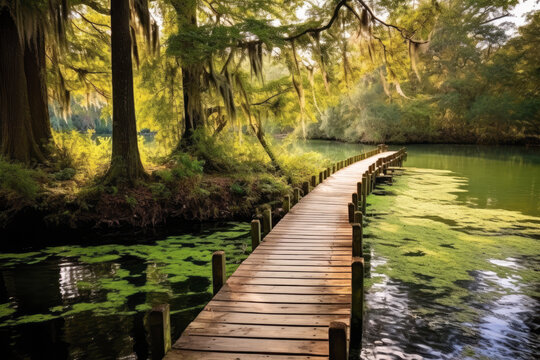 A wooden walkway in the a swamp in florida