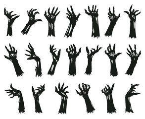 Fototapeta premium Zombie arms silhouettes. Halloween spooky monsters creepy hands flat cartoon vector illustration set. Horror halloween scary arm collection