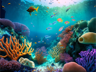 Naklejka na ściany i meble A whimsical underwater world filled with vibrant marine life and coral reefs created with generative AI technology