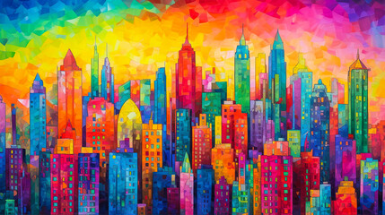 Rainbow buildings and city scene illustration. Colorful cityscape vector art digital painting. Digital illustration generative AI.