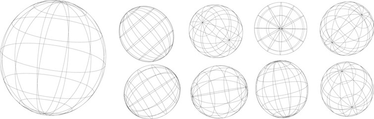 D spheres grids. Globe meshes, ball in various position. Striped 3D orbs, earth globe grid linear wireframe vector line symbol isolated set