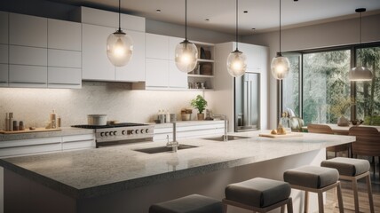 Modern luxury white kitchen. Large kitchen island with marble countertops and bar stools, luxurious chandeliers, expensive kitchen appliances, large windows with garden view. Generative AI