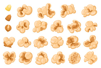 Cartoon popcorn. Popping corn with salty or sweet flavour, tv or movie watching snack flat vector illustration set. Popcorn shapes collection