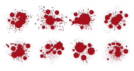 Blood splatter. Halloween party spooky decorations, red dripping blood splash. Grunge blood drops silhouettes flat vector illustration set