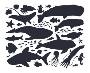 Ocean animals silhouettes. Underwater life fauna, whale, orca and dolphin, sea creatures, seal, stingray and narwhal flat vector illustrations set © GreenSkyStudio