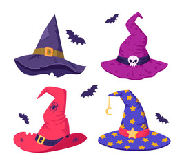 Halloween witch hats. Wizard spooky decorated hats, halloween party costume elements. Flat vector illustrations set