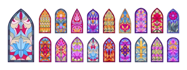 Papier Peint photo Coloré Church mosaic windows set. Arch stained glass, decorative glass windows. Cathedral stained glasses flat vector illustration collection