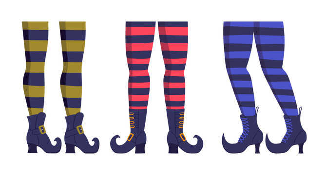 Witch stockings legs. Cartoon funny Halloween party magician stockings legs flat vector symbols illustrations set. Halloween party collection
