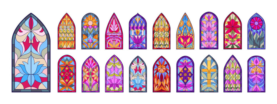 Church mosaic windows set. Arch stained glass, decorative glass windows. Cathedral stained glasses flat vector illustration collection