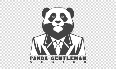 Vector funny monochrome graphic portrait of a cute panda gentleman. Bamboo bear in a suit and tie. Logo, sticker or icon. Isolated background.