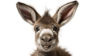 Smiling cheerful donkey on a white background. Generative AI.