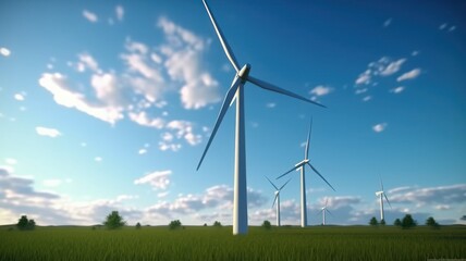 Wind turbines on the green field against the blue sky. Production of renewable green energy. Sustainable development concept. Mock up, 3D rendering. Generative AI