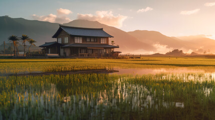 Fototapeta premium Traditional japanese style house in middle of rice field and mountains in background with dramatic sunset light created using generative AI