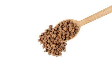 brown chickpeas on wooden spoon isolated on white background. nutrition. food ingredient.