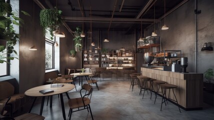 Fototapeta na wymiar Loft style modern coffee shop interior. Gray concrete walls and floors, wooden tables and chairs, open shelves, pendant lights and green plants in hanging pots. Hipster lifestyle Generative AI