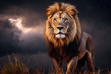 African lion majestically walking through the savannah under a dramatic Lightning storm in the sky. Generative AI.