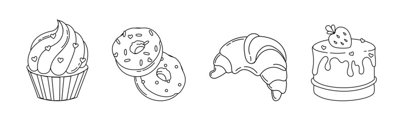 Cakes Ice cream Desserts Set of drawings Vector black and white illustration Isolated on a white background