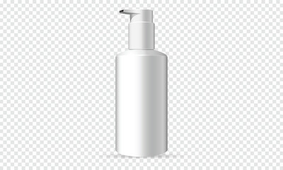 Ads template, blank skin care mockup with realistic plastic bottle with dispenser airless pump. Pharmaceutical container with transparent liquid gel, soap, lotion, cream, shampoo, bath foam