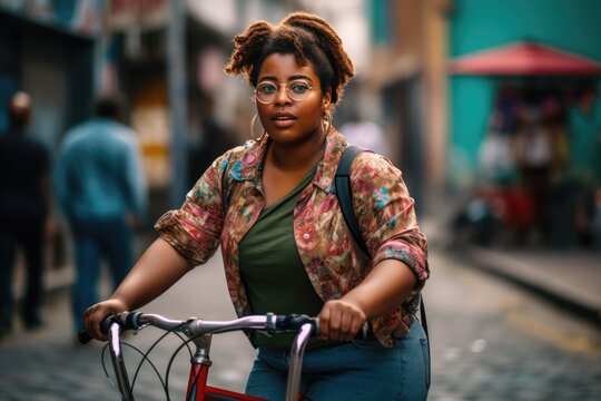 Cool fat african woman using a bike. AI generative