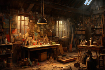 Woodworking workshop. mid-century era. An old brick shed type wood worker or carpenter's work place with old tools on the wall and rustic feel