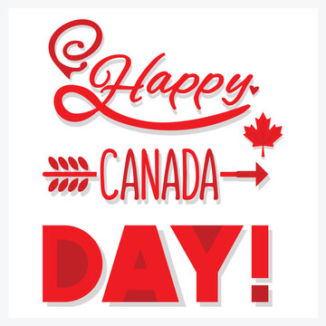 Red hand drawn Happy Canada Day cute emblem icons with shadow on white background