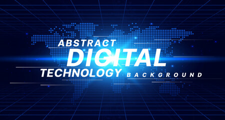 Digital technology speed internet network connection blue background, abstract cyber world map information, connect communication, innovation vr metaverse futuristic tech, Ai big data illustration 3d