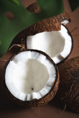 Minimalistic summer composition with ripe coconuts on brown craft background. Close-up. Selective focus