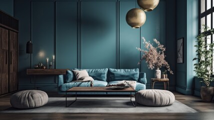 Modern elegant minimalistic luxury living room in blue tones. Blue walls, a blue sofa, a wooden coffee table, a gray vintage rug and ottomans, plants, huge floor-to-ceiling windows. Generative AI