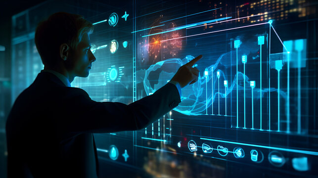 A businessman in a suit works with virtual screens of a holographic interface with graphs. Futuristic business concept, financial investment and technology. generative ai.