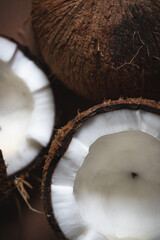 Minimalistic summer composition with ripe coconuts on brown craft background. Close-up. Selective focus