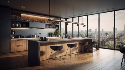 Modern kitchen with breakfast bar in an urban luxury apartment. Wooden floors, wooden facades, bar counter with bar stools, floor-to-ceiling windows overlooking the city. 3d rendering. Generative AI