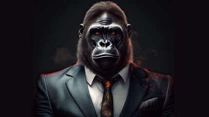 Anthropomorphic Gorilla in Formal Business Suit. Elegant and Abstract Portrait of a Businessman Dressed as an Animal. Generative AI Art: Generative AI