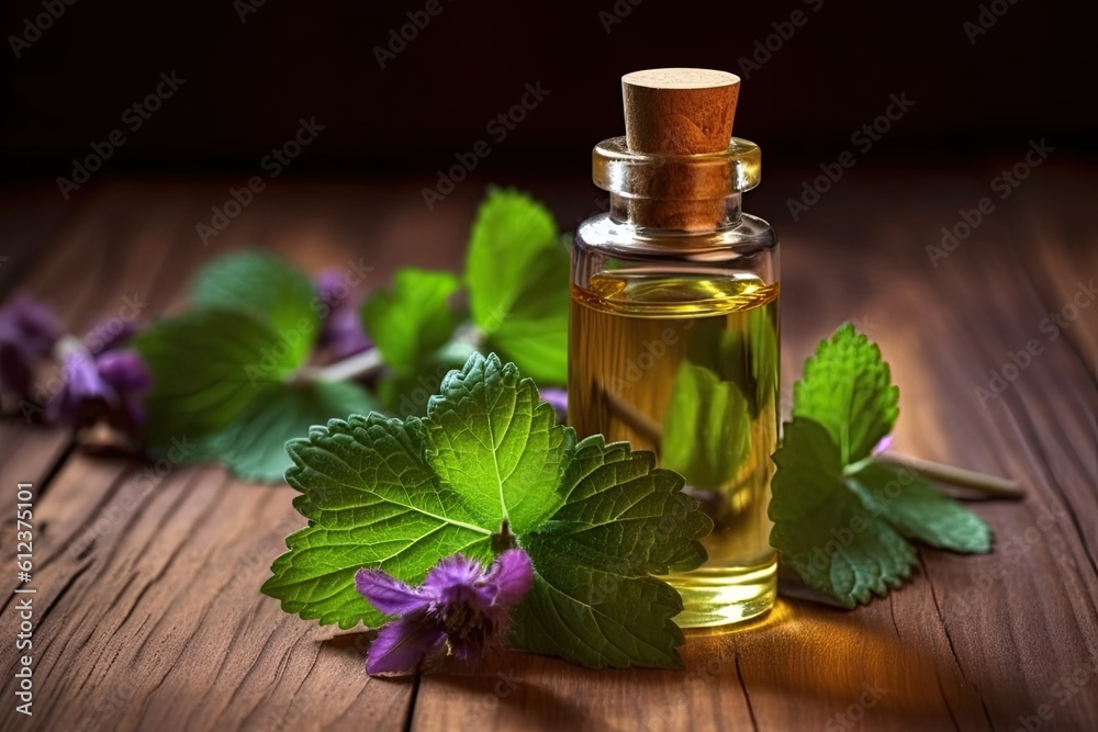 Wall mural Patchouli Essential Oil with Fresh Leaves on Wooden Board for Massage and Spa - Glass Bottle Included: Generative AI