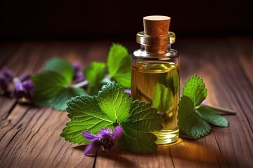 Patchouli Essential Oil with Fresh Leaves on Wooden Board for Massage and Spa - Glass Bottle Included: Generative AI - obrazy, fototapety, plakaty
