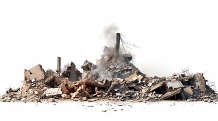 Remains of a Destroyed Building in Concrete Debris. Panoramic View with Huge Beam in Foreground Isolated on White: Generative AI