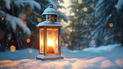 Christmas Lantern On Snow With Fir Branch