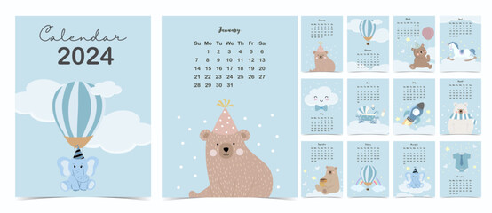 2024 table calendar week start on Sunday with cartoon that use for vertical digital and printable A4 A5 size