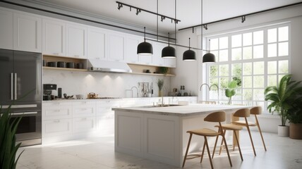 Modern minimalist white kitchen with dining area. White facades, kitchen appliances, a large kitchen island with chairs, plants in floor vases. Generative AI