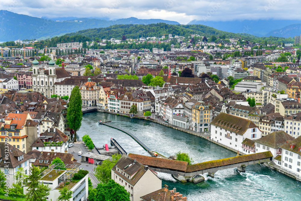 Wall mural top view of historic city center of luzern, switzerland.