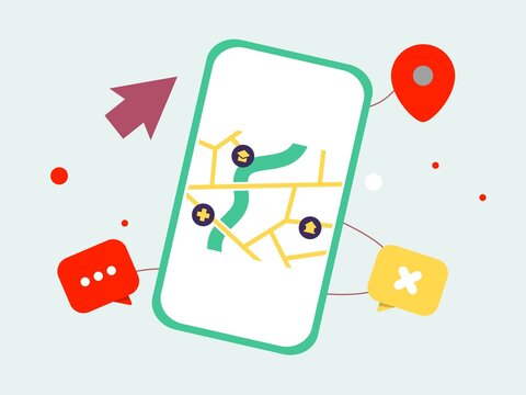 Mobile phone displaying a location on an app and pointing out the directions
