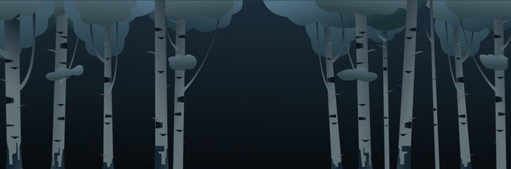Passage at night in birch edge. horizontal composition. darkness plants. Summer landscape forest and trees. Nature view. Cartoon fun style. Flat design. Vector.