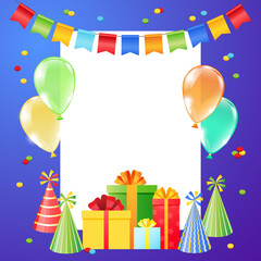 Bright birthday background template. Colorful frame of gift boxes, balloons, firecrackers, birthday hats and banting flags.