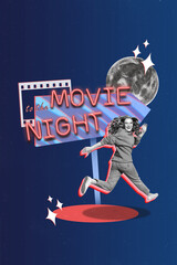 Vertical collage image of excited black white effect girl rush fast to the movie night indicator...