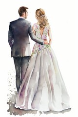 Fototapeta premium Watercolor illustration wedding couple married in full length from back colorful isolated on white background.