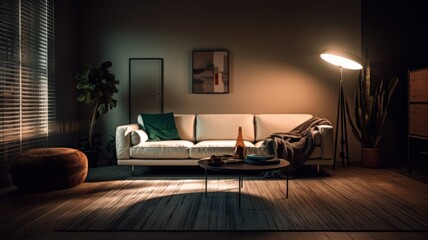 Modern minimalist living room in dark colors. Gray walls, white sofa, ottoman, coffee table, floor lamp, carpet, poster on the wall, plant in a floor pot, blinds on the window. Mockup, Generative AI